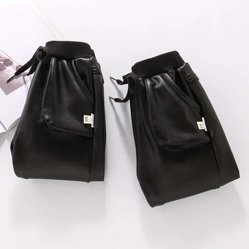 Boys PU Faux Leather Pants Kids Winter Fleece Black Imitation Leather Pants For Boy Teenage Children Warm Kids Leather Trousers