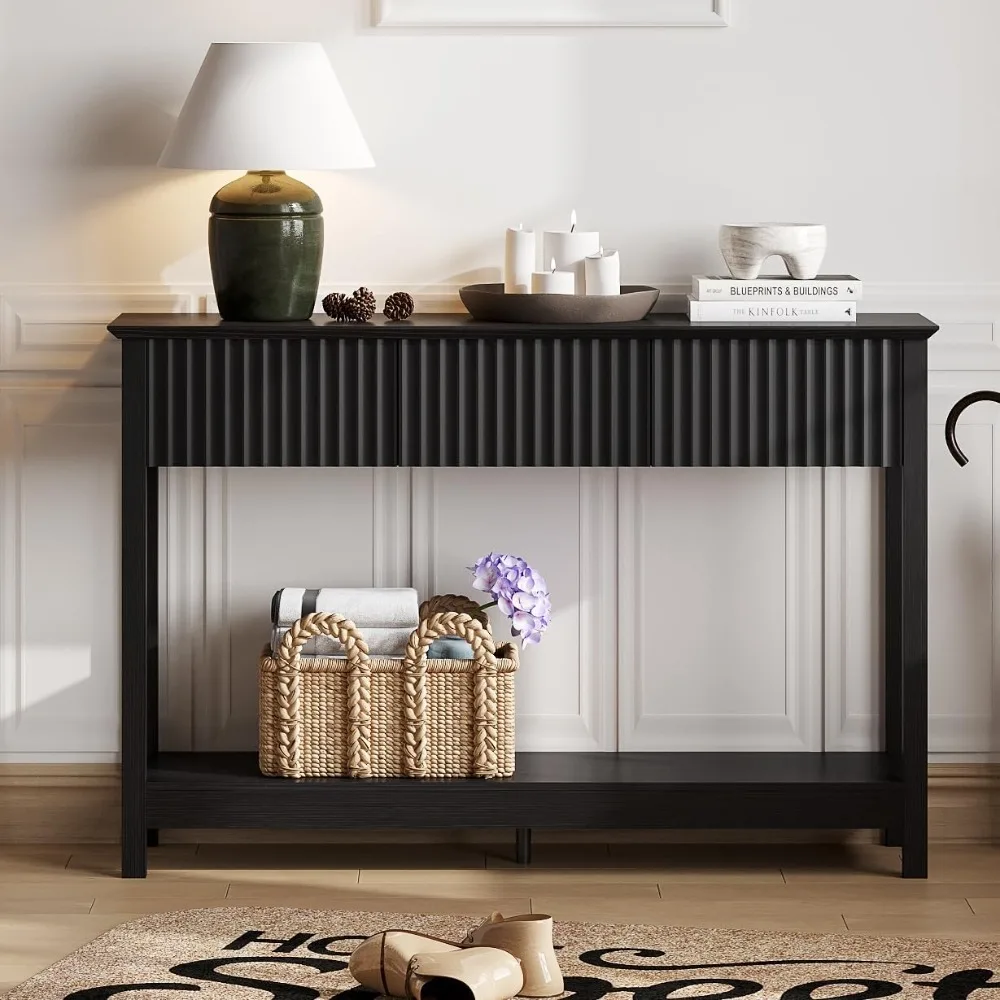 47 طاولة كونسول مخدد مع 3 أدراج، طاولة مدخل طويلة ضيقة مع مساحة تخزين ورف، طاولة أريكة من طبقتين خلف الأريكة