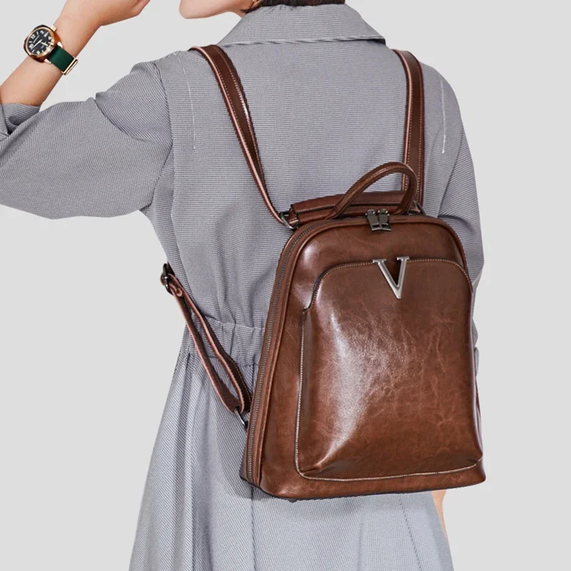 Mochila de piel auténtica con cera de aceite para mujer, bolsos de hombro cruzados, mochila escolar de piel de vaca, mochila Retro de moda para mujer