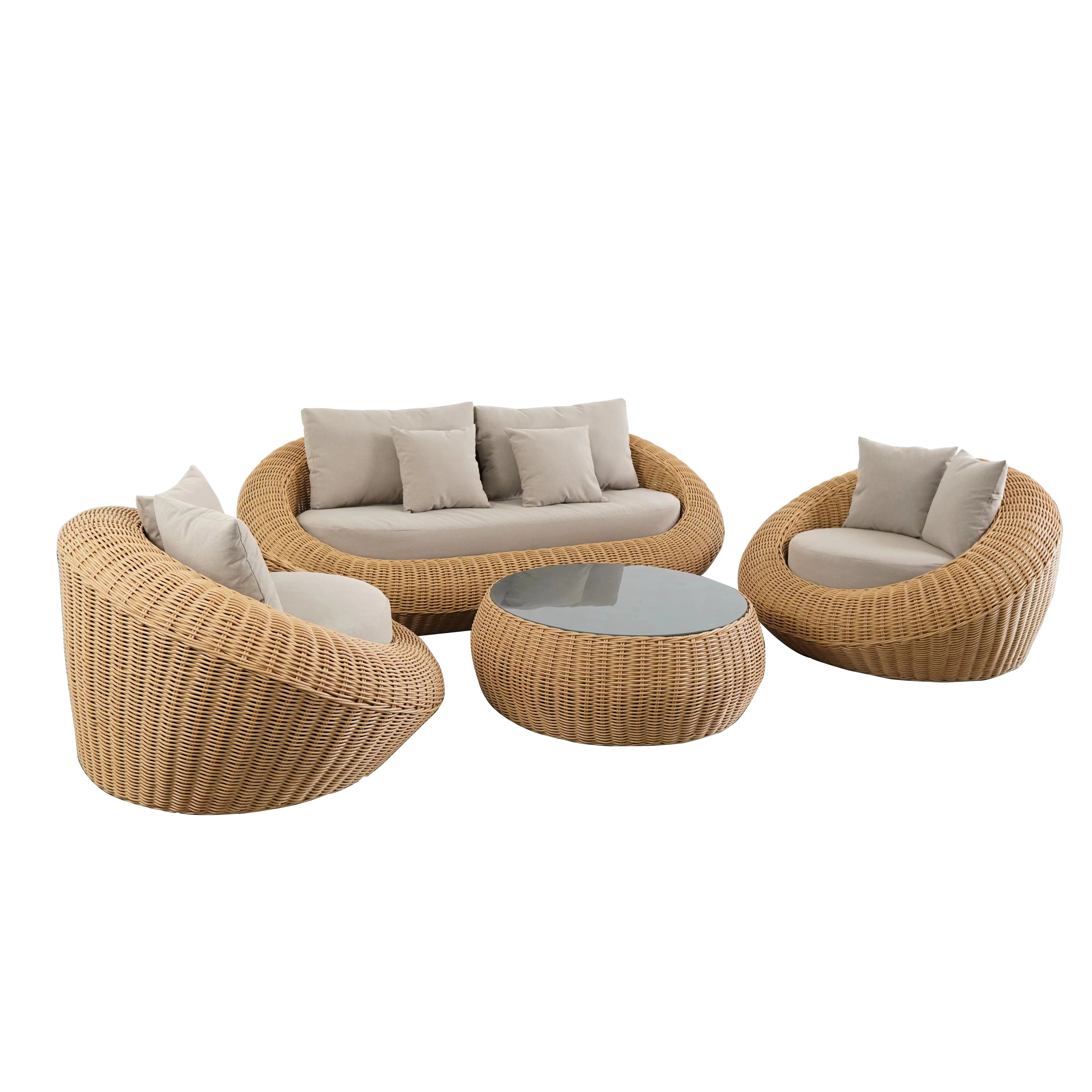 

Luxury Outdoor Garden 6mm Round Rattan Sofa Set High Quality 15cm Thickness Cushion 4PCS Sofa Set
