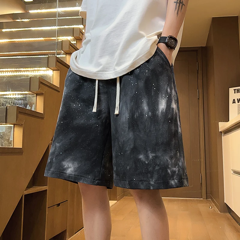 Y2k Tie-Dye Shorts for Men Summer Trend Straight Leg Sports Pants Hip Hop Drawstring Casual Beach Short Pants