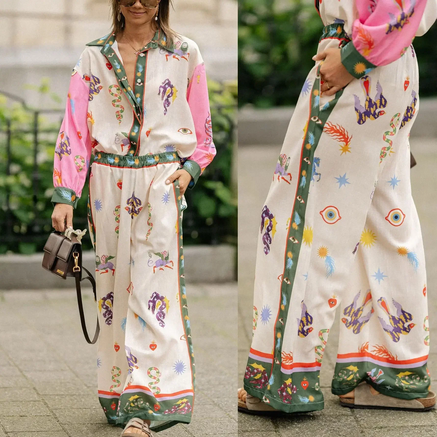 Women's Spring and Fall  S-XL Size New Long Sleeve Pocket Abstract Print Set INS Loose Casual Fashion Slimming Versatile New