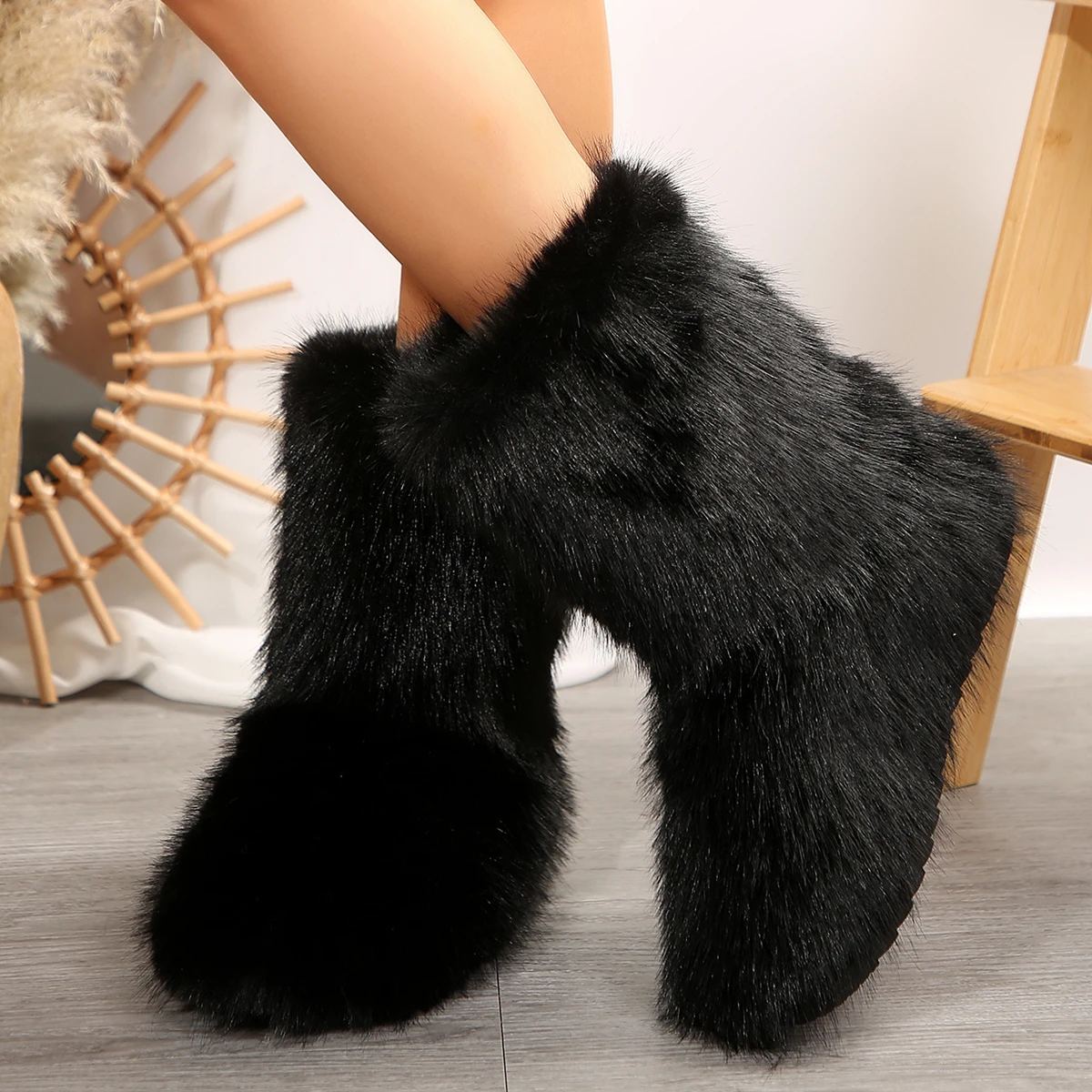 Women Winter Black Shank High Fluffy Boots Ladies Furry Faux Fox Fur Long Warm Shoes Girls Designer Large Size Plush Fur Boots