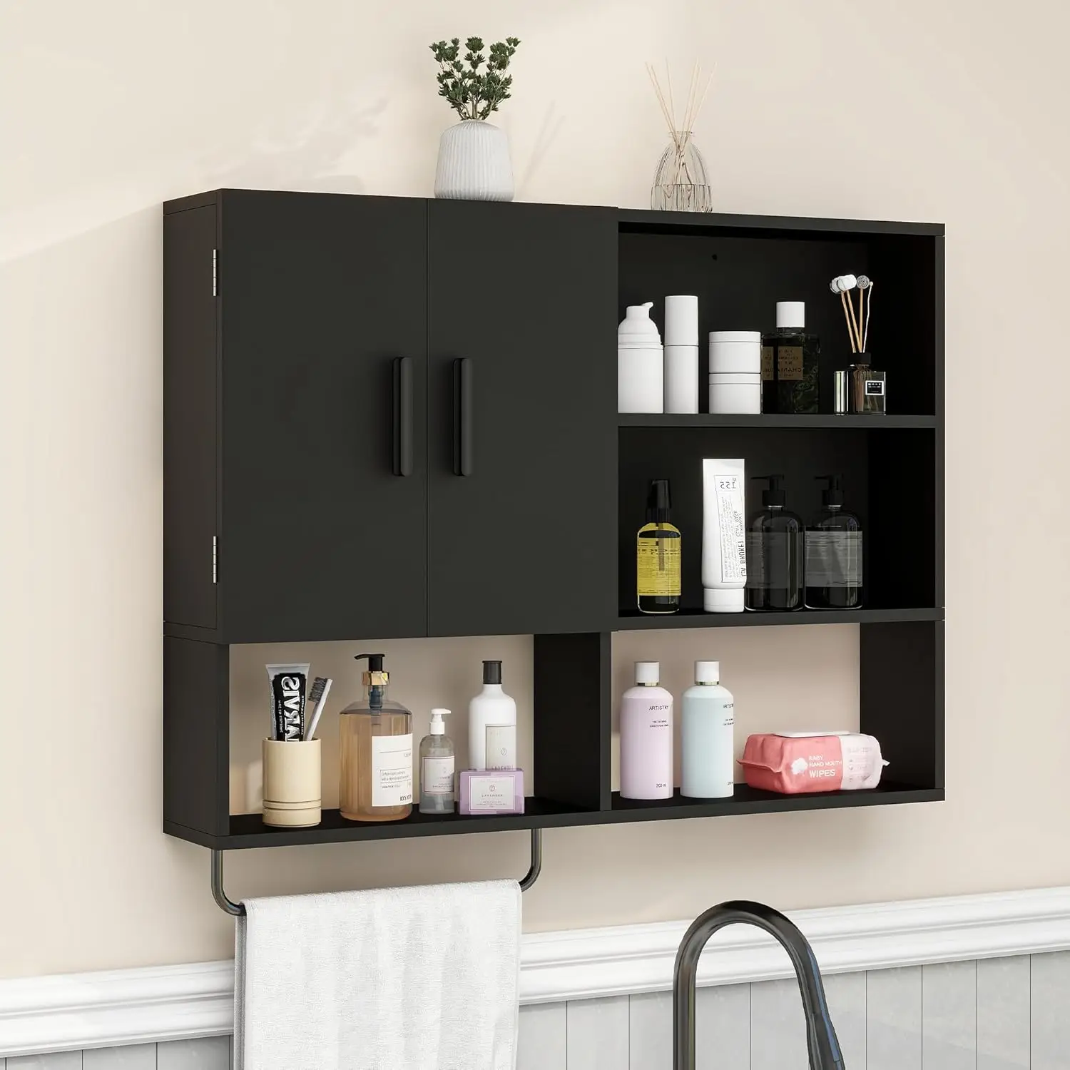 

Wall Mounted Wooden Bathroom Cabinet with 2 Doors, Adjustable Shelves & Towel Bar, Over Toilet Storage for Kitchen and Laundry