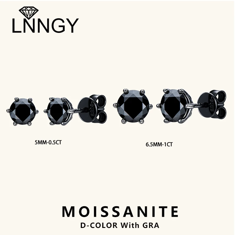 

Lnngy Pass Diamond Test 5 мм 6,5 мм Черные серьги-гвоздики с муассанитом из стерлингового серебра 925 пробы с 6 когтями Серьги для пирсинга для женщин и мужчин Подарок