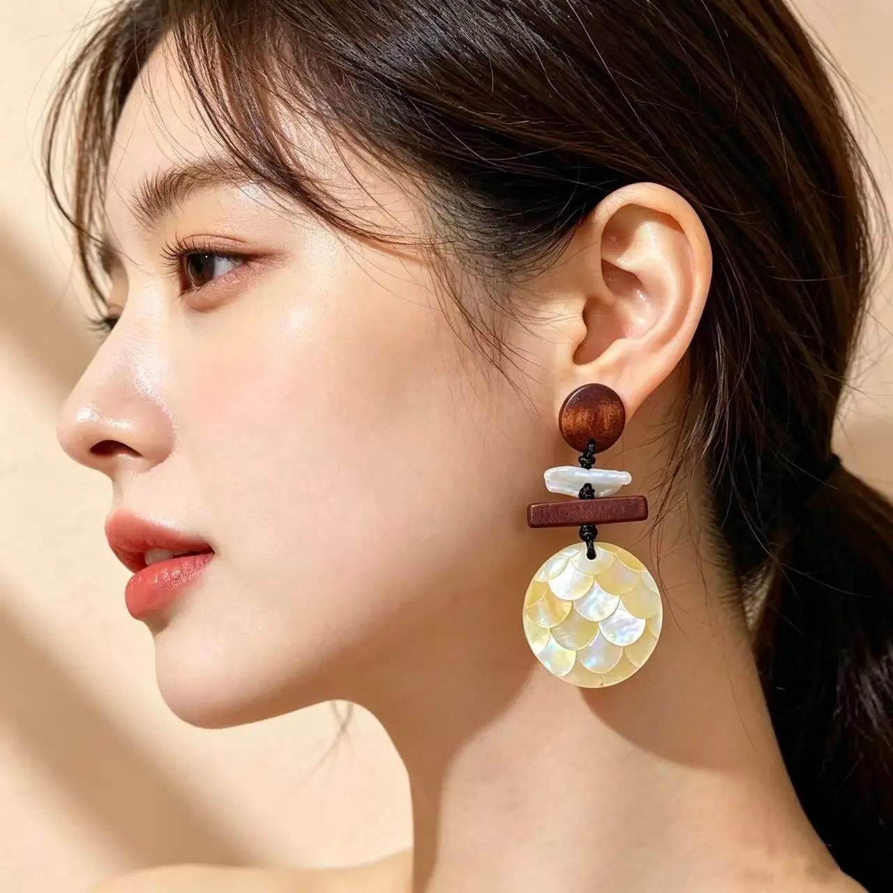Long wooden fritillary earrings special-shaped pearl handmade earrings retro vacation style women's versatile earrings
