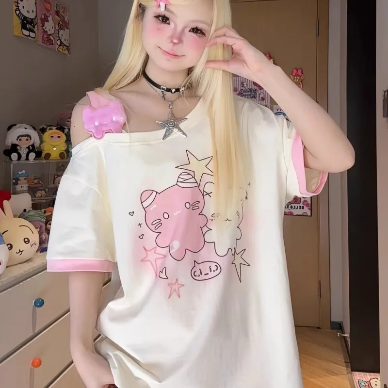 여름 티셔츠 일본식 흰색 반팔 탑 사선 네크라인 의상 귀여운 옷 여성용 캐주얼웨어