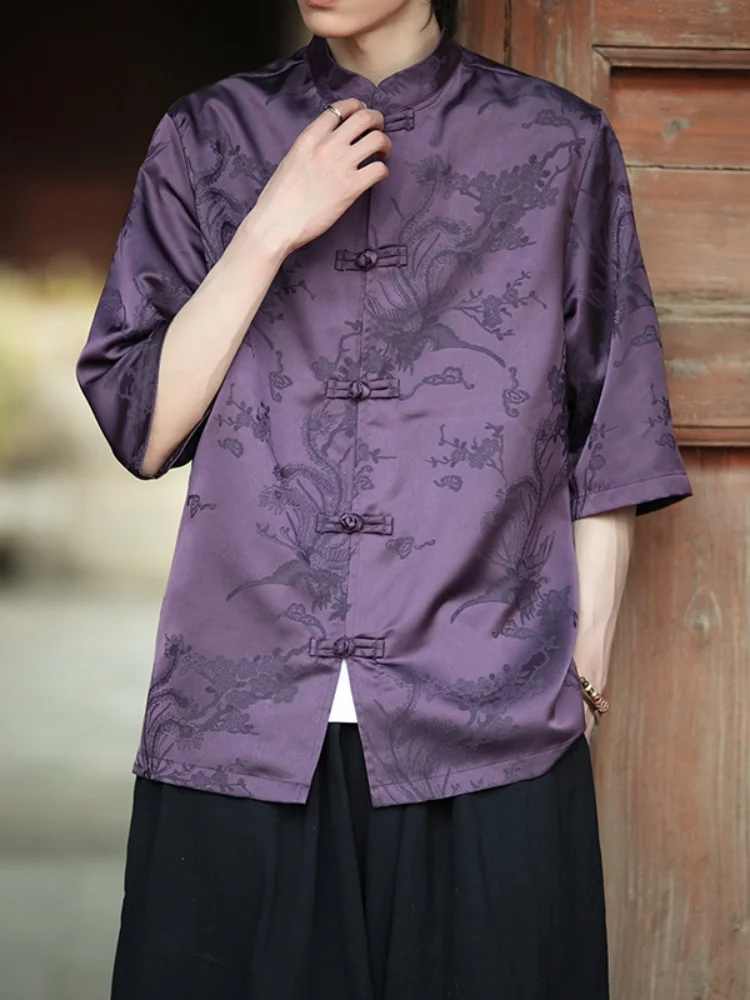

Ice Silk ort Sve irt Men's New Chinese Sle Summer Faion Phoenix Embroidery Hanfu irts Casual Loose Fit Youth