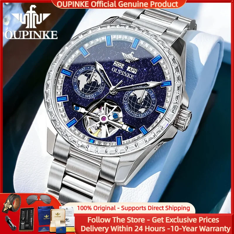 OUPINKE 3280 Fully Automatic Mechanical Men Watch Luxury Starry Sky Tourbillon Calendar Week Waterproof Men Watch Diamond Reloj