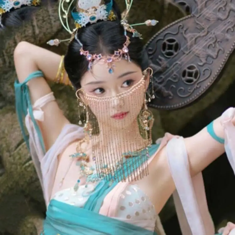 럭셔리 진주 Hanfu 얼굴 체인 귀 걸이 머리 장식 황금 요정 마스크 술 고대 스타일 신비한 베일 파티