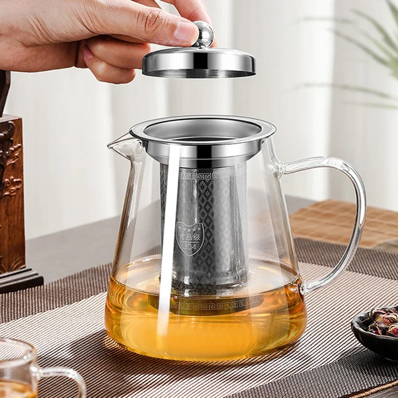 Heat Resistant Glass Teapot with Stainless Steel Tea Strainer Infuser Flower Kettle Teaware for Both Gas and Induction Cooker