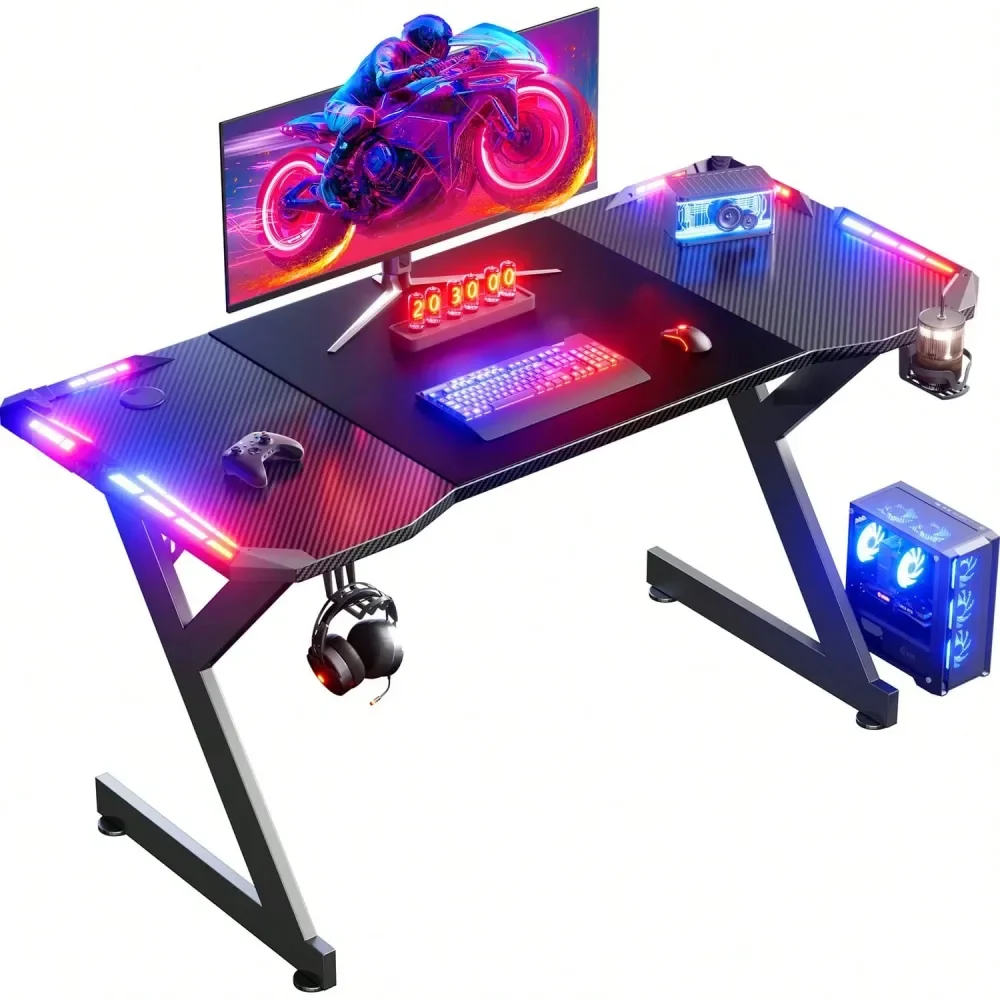

Gaming Desk With LED Lights, Ergonomic Computer Gaming Table With Carbon Fibre Surface, Sturdy PC Workstation Desk For Gaming A