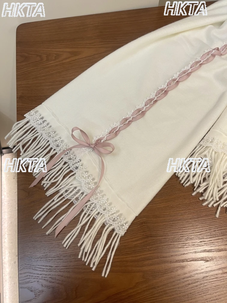 لطيف الرجعية الشريط الأوشحة النساء الدافئة جديد الشتاء وشاح للرقبة مع شرابات القوس هدية عيد ميلاد للفتيات لوليتا الكشمير وشاح شال #4