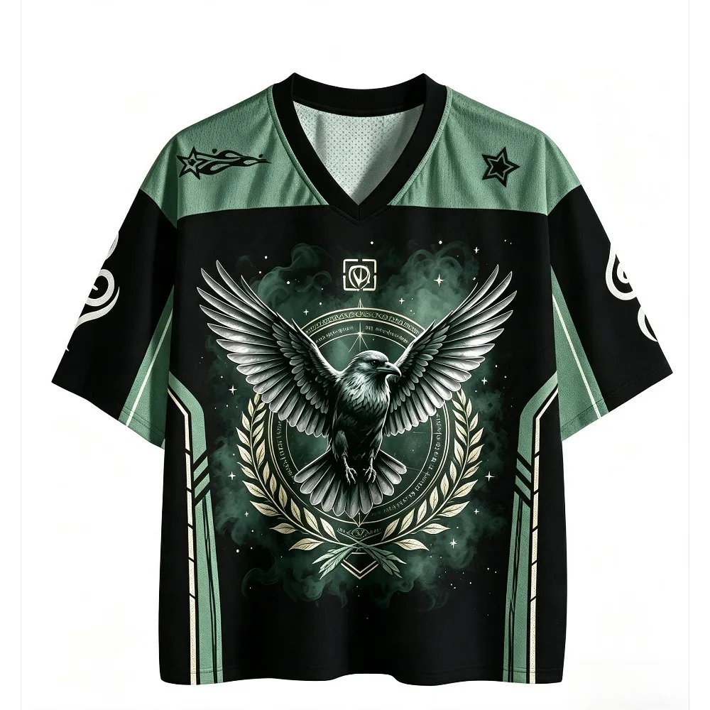Retro Dark Mysterious Eagle Printed T-shirt Family Matching Outfits Mesh Jersey Tops V Neck Breathable Short Sleeve Sports Tees