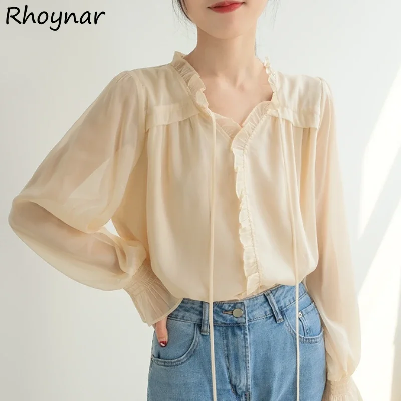 

Blouses Women Gentle Ruffles Sweet Flare Sleeve Fashion Autumn Tops French Style Aesthetic Casual Mujer Loose Tender Streetwear
