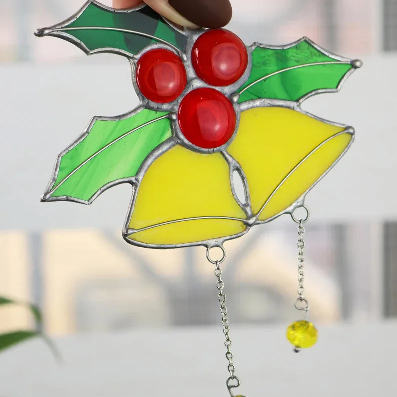 Christmas Pendant Light Catcher Bell Stained Glass Decoration Christmas Tree Charm Holly and Berry Handmade Custom