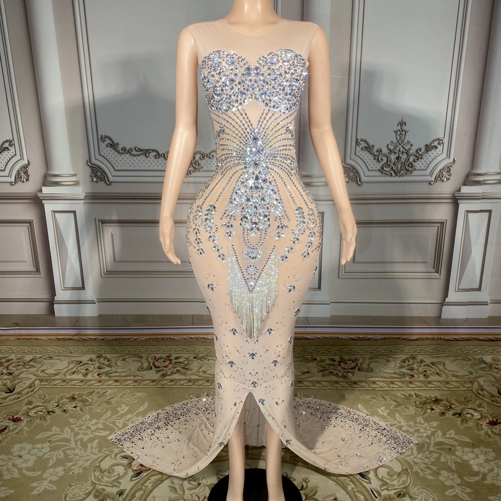 

Sparkly Rhinestones Mesh Transparent Sleeveless Long Tail Dress Women Sexy Birthday Celebrate Evening Prom Dresses Stage Wear