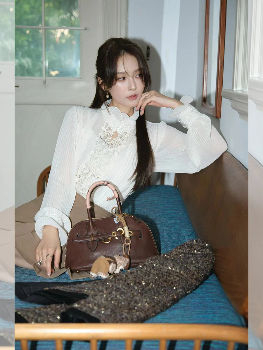 

Топ Yum Star с аккордеонными складками, тяжелой отделкой, кружевными вставками и пэчворком, в корейском стиле, прямого кроя, для повседневной носки