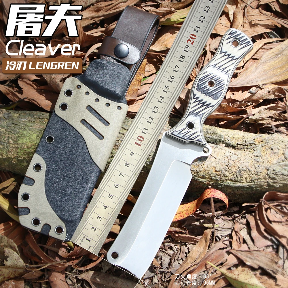 LENGREN Tac Cleaver Full Tang Tactical Fixed Blade Knife Sleipner Steel G10 Handle Kydex Sheath for Camping,Hiking,Hunting