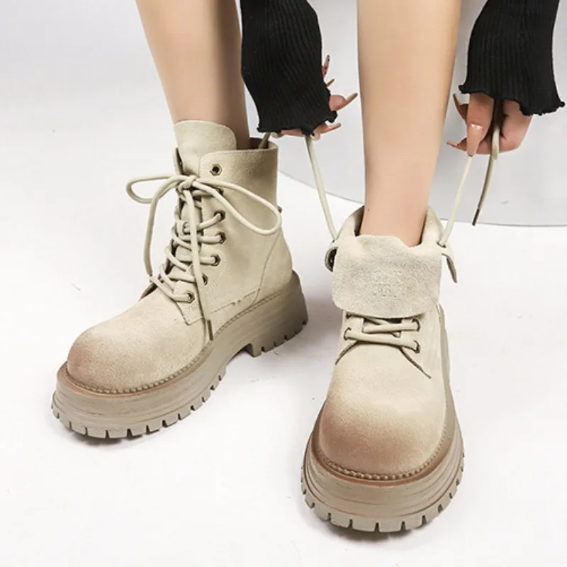 Autumn Winter Retro Fashion Platform Women\'s Boots Designer Luxury Leather  Shoes Female Casual Solid Color Motorcycle Boots