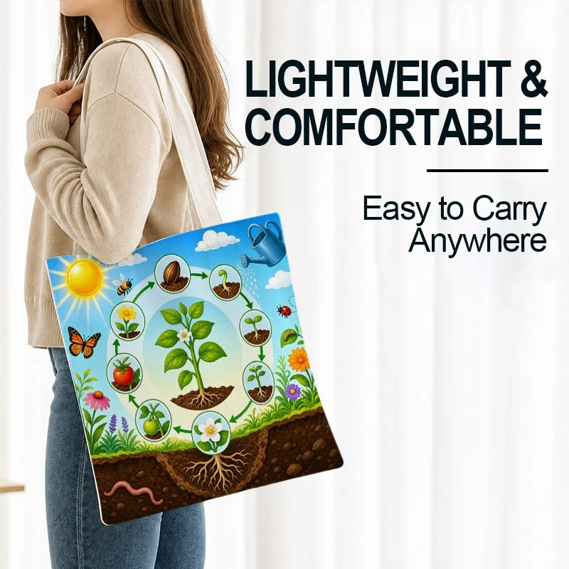 Ladies' Shoulder Bag, Bright Cartoon Plant Lifecycle Garden Print, Daily Handbag, Suitable for Work, Shopping, and Daily Outings