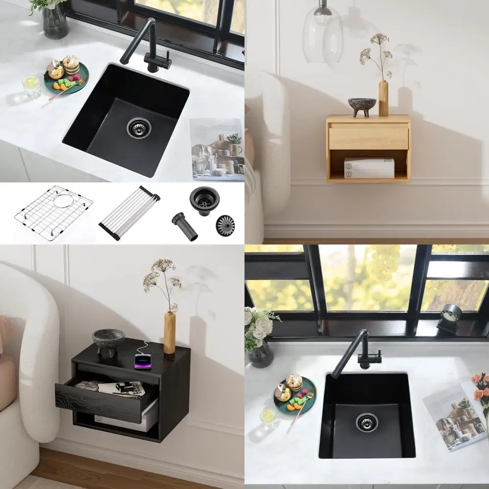 

Black 12x15 Inch Undermount Kitchen Bar Sink - Quartz Composite, Small Prep Sink for Wet Bar Countertops