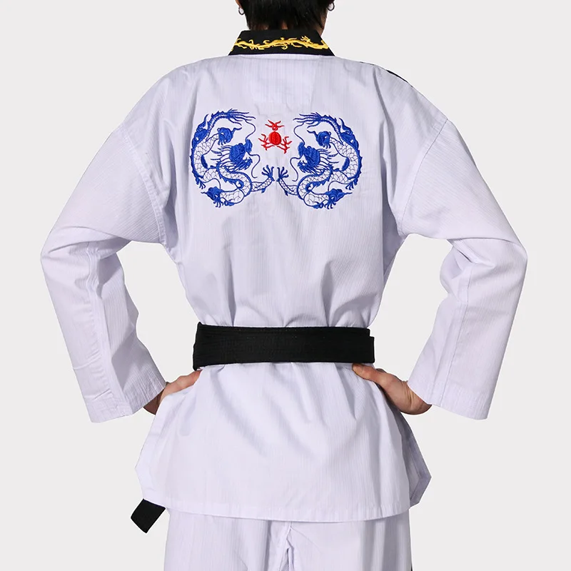 Korea Taekwondo jednolite V-Neck Dobok mundury Tae Kwon Do MMA sztuki walki Karate Dragon 60% Cotten 40% poliester oddychający