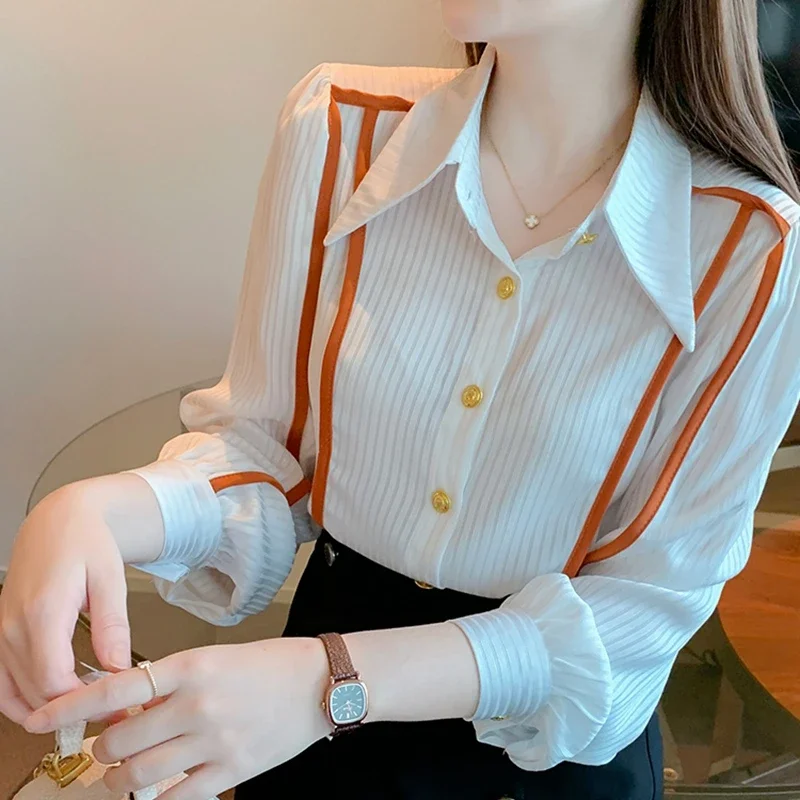 Elegant Long Sleeve Chiffon Shirts Women Autumn Winter Korean Fashion Clothing Blusas Mujer Striped Office Ladies Tops Blouses