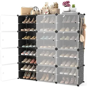 Image Portable Shoe Rack Organizer with Door, 48 Pairs Shoe Storage Cabinet Easy Assembly, Plastic Adjustable Shoe Organizer