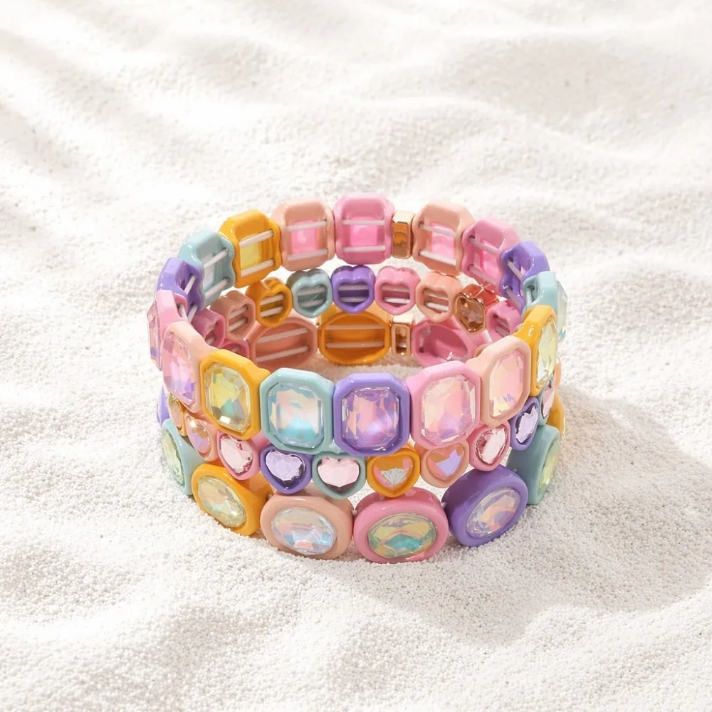 Cute Pastel Rainbow Enamel Crystal Stretch Bracelets Multi‑Shape Heart Square Gem Stackable Beaded Bracelet Set Women Teen Girl