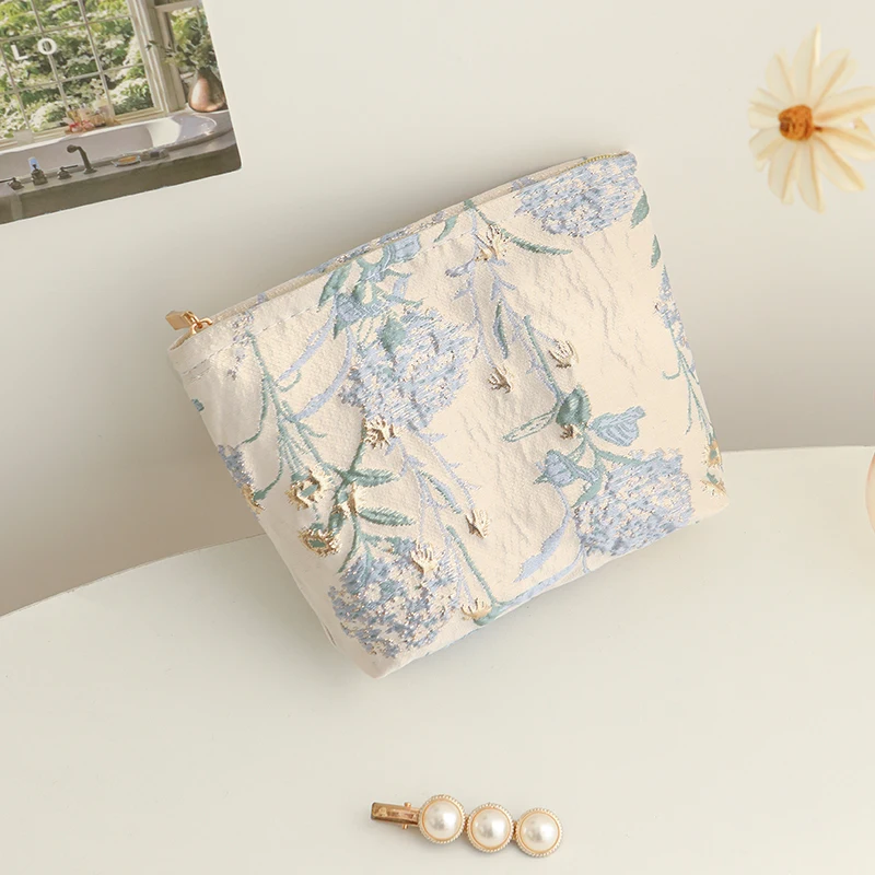 Women\'s Makeup Bag Small Blue Flower Large Capacity Lipstick Loose Change Storage Bag Handy Hand Clutch Bag Small Coin Purse Ins