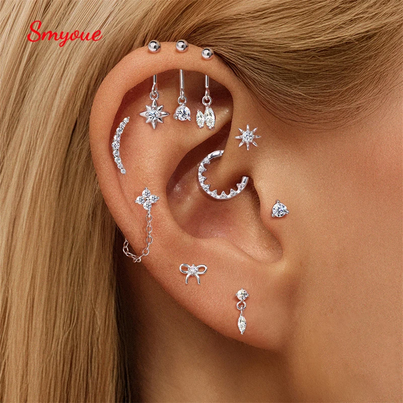 Smyoue 100% S925 Vertical Round Bead Piercing Moissanite Stud Earrings for Women Diamond Ear Cartilage Piercing Party Jewelry