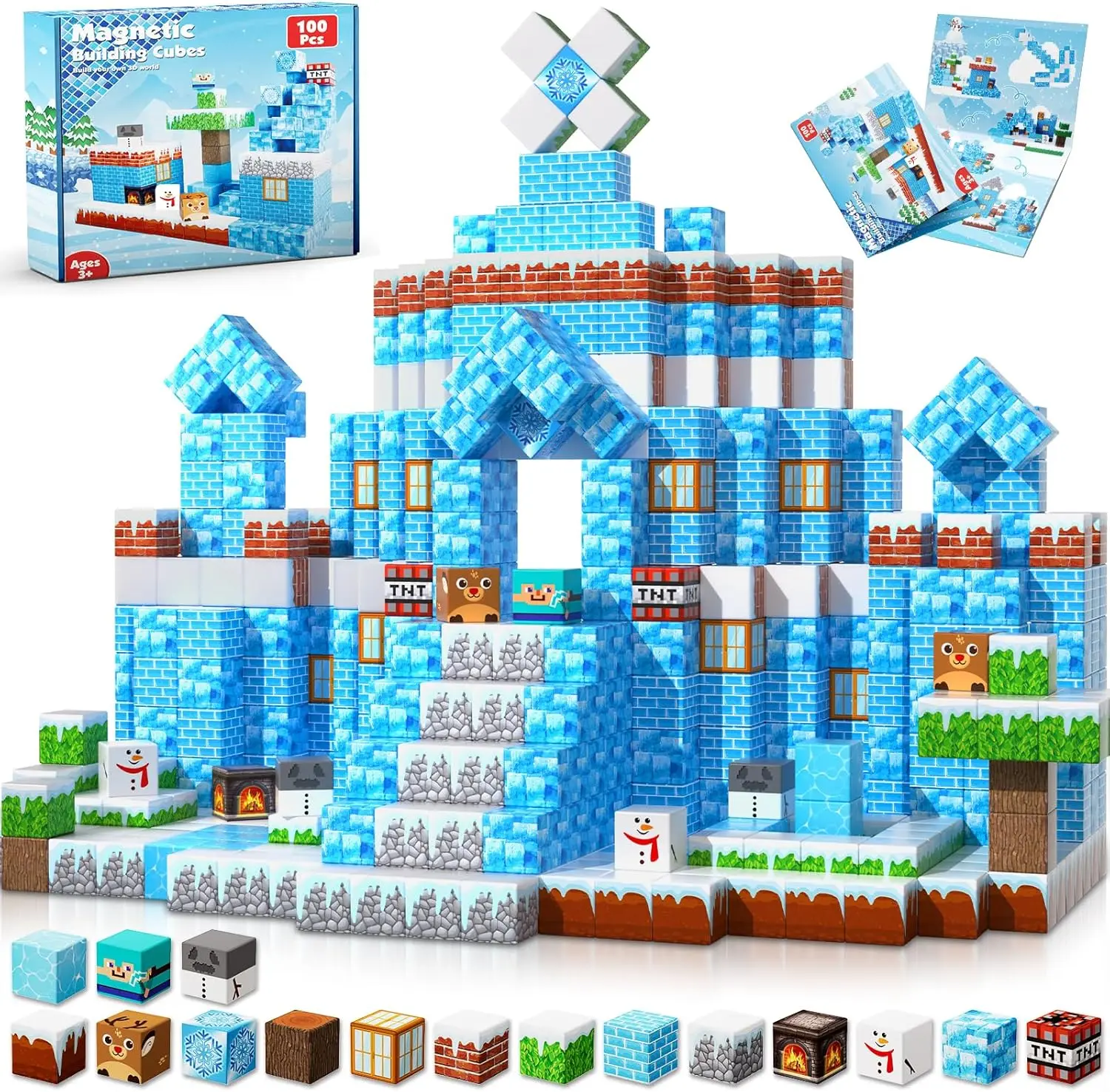 Blocs magnétiques 200 pièces, ensemble de Construction de château de glace, tige Montessori, Cube magnétique sensoriel, cadeau de noël et d'anniversaire, 100 pièces