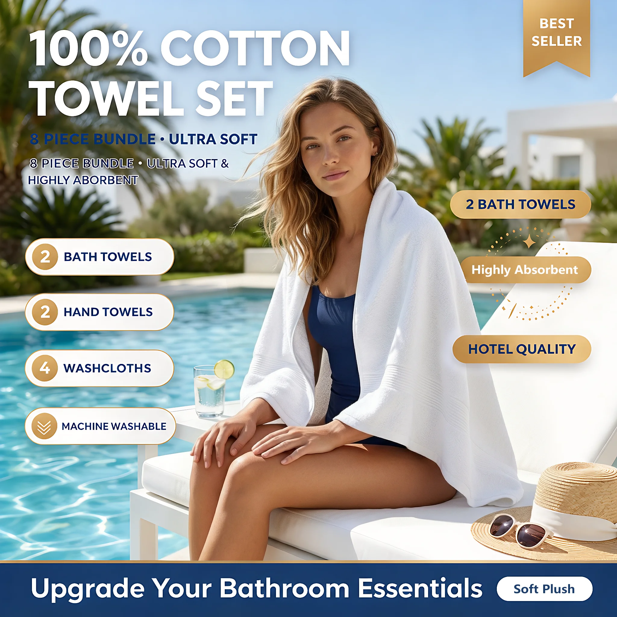 8-Piece 100% Cotton Towel Set, Ultra Soft Plush Highly Absorbent, 2 Bath 2 Hand 4 Washcloths, Hotel Quality Machine Washable