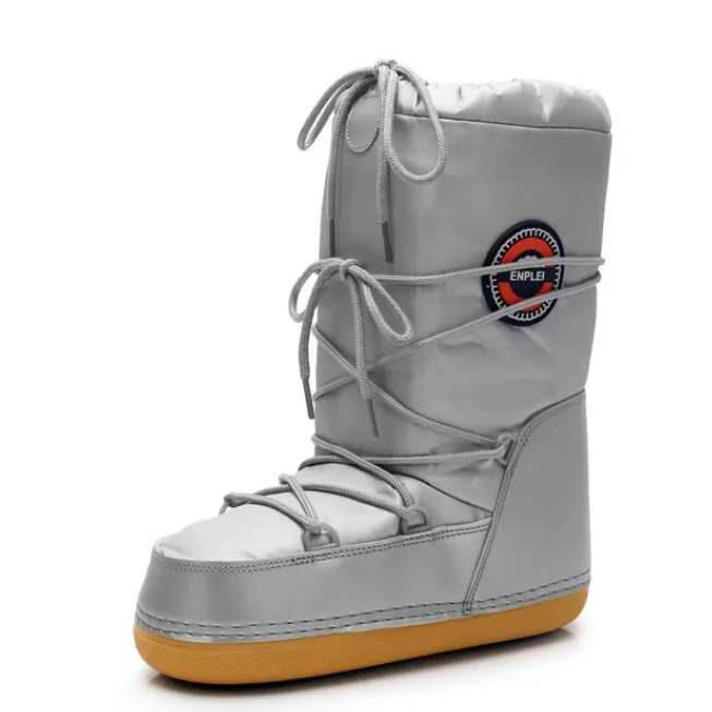 Winter Snow Boots Women Ski Boots Fluffy Hairy Lace Up Middle Calf Platform Flat with White Ski Space Boots view 4