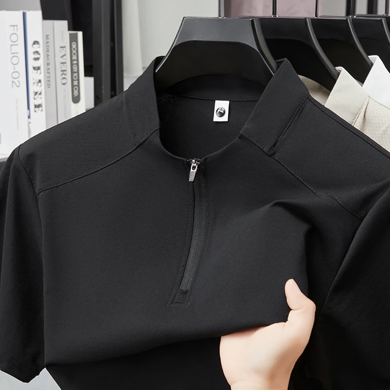 Herren Kurzarm-Poloshirts mit Halbem Reißverschluss und Stehkragen Lässige Sommer-Oberteile Leichte Atmungsaktive Hemden für Männer – Detail 7
