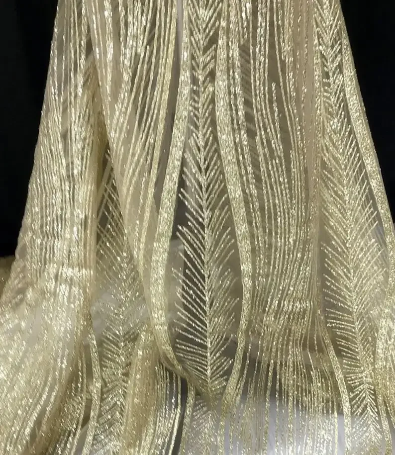 

Gold Strip glitter lace fabric Branches sequin soft tulle Fabric For Baby Tutu Dress, Gowns, Wedding Veil, party dress 1 yards