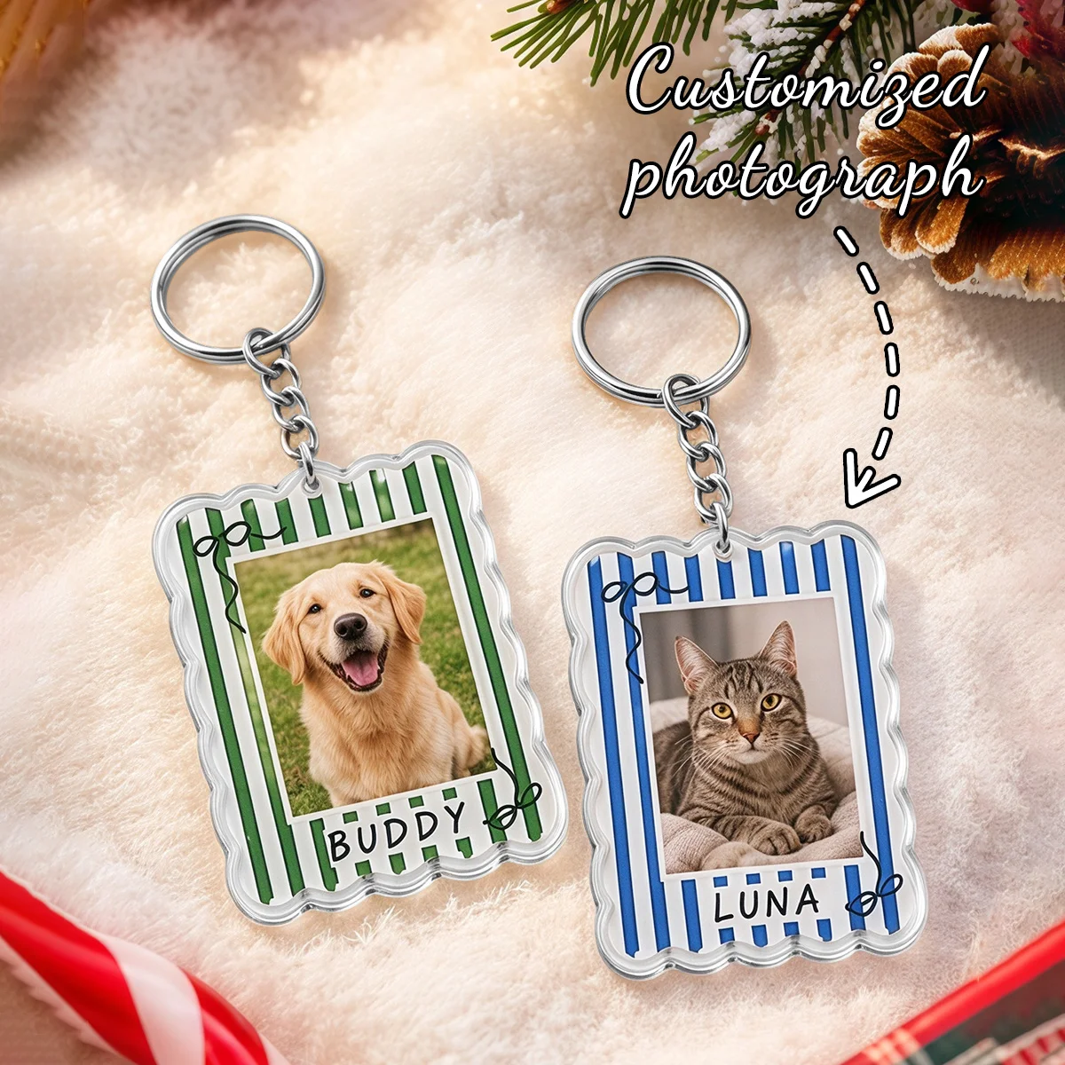 Personalized Photo Acrylic Keychain, Custom Fan Shaped Striped Frame Pendant, Family Picture Gift for Grandma