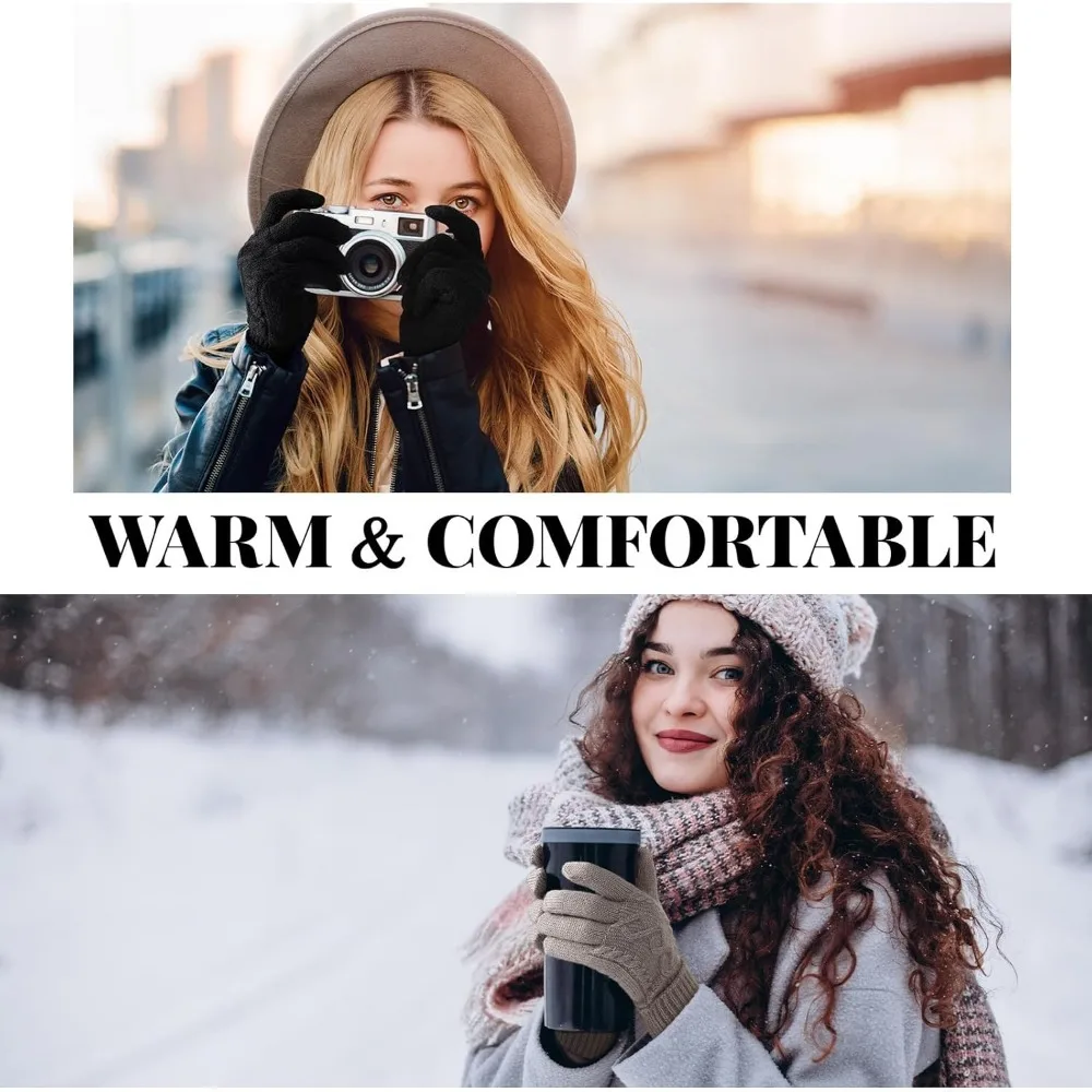 여성용 겨울 장갑 - 추운 날씨용 여성용 장갑, 따뜻한 터치스크린 플리스 안감 장갑, 신축성 있는 커프 니트 장갑