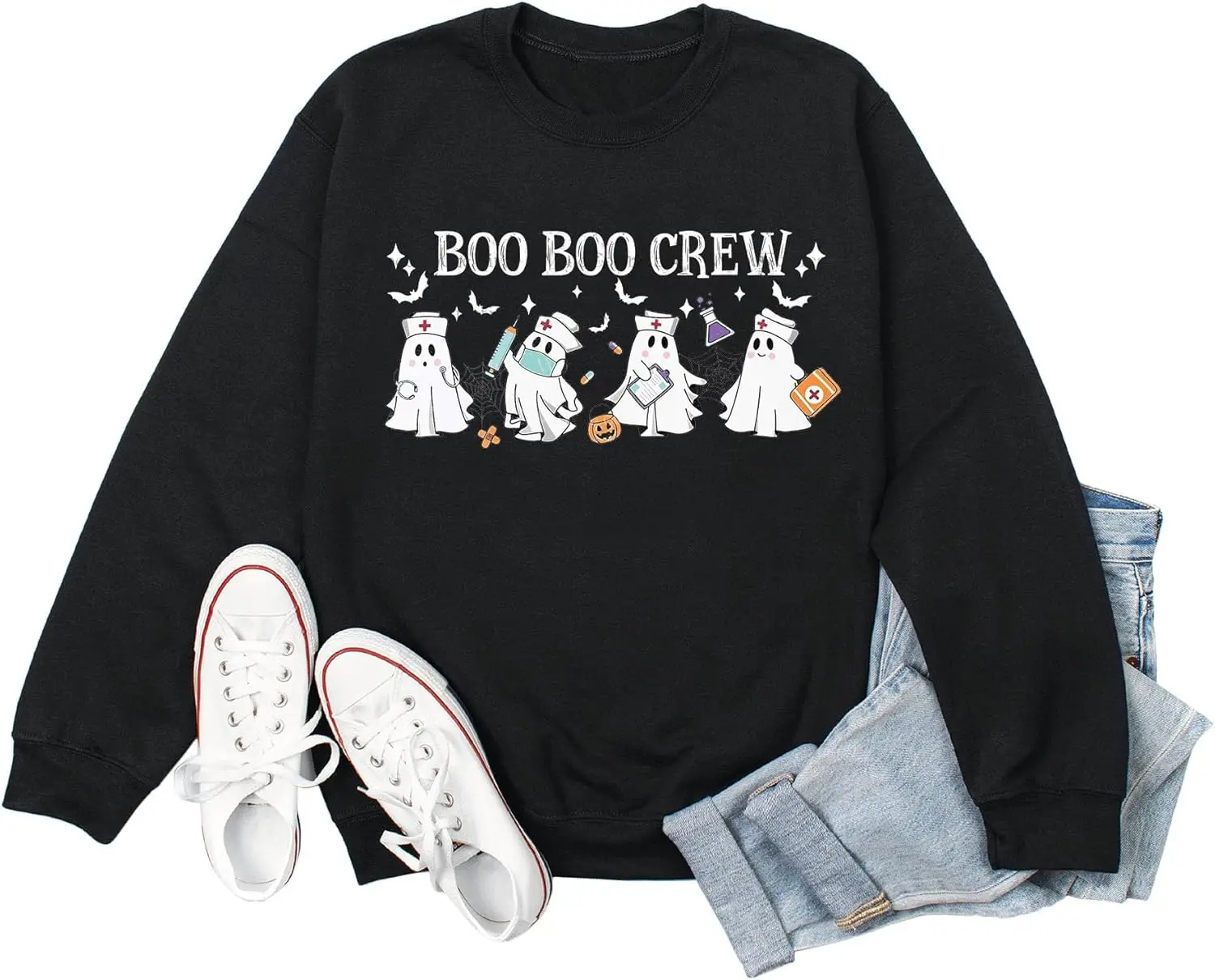 

Womens Ghost Nurse Sweatshirt Boo Boo Crew Halloween Nursing Casual Long Sleeve Crew Neck Pullover for Nurse