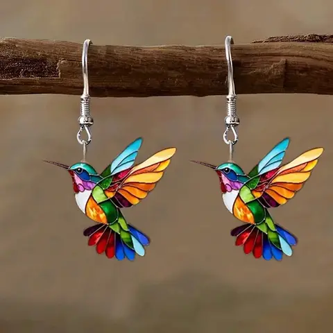 FTCY akrylowe kolczyki koliber dla kobiet w stylu Retro kolorowe kolczyki w kształcie ptaka damska biżuteria na prezenty