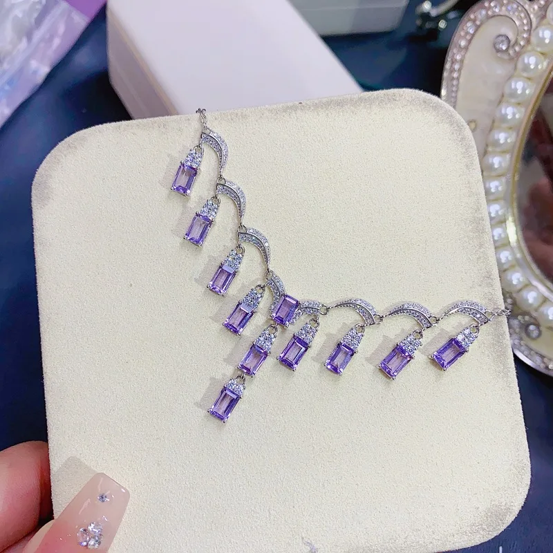 Natural Amethyst Necklace, 925 Sterling Silver, Luxury Emerald Cut Gemstone Pendant, Evening Party Fine Jewelry for Women view 6