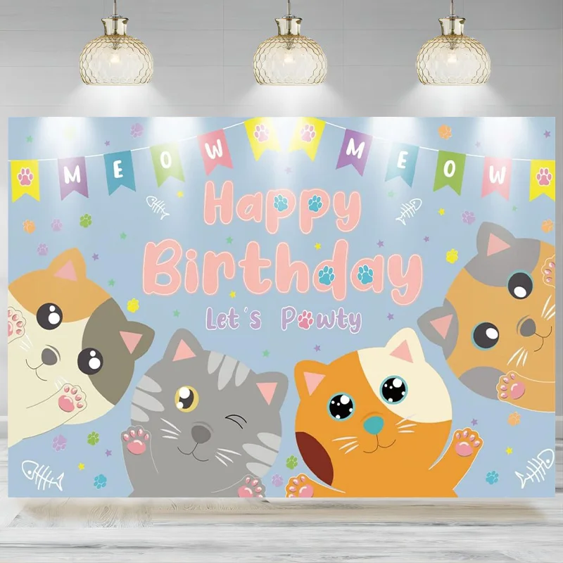 

Cat Happy Birthday Backdrop Party Decorations Kitten Birthday Party Supplies Lover Kids Cat Theme Photographic Background