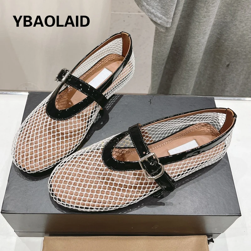 

Round Toe Flat Heel Ballet Shoes Women New Design Mesh Hollow Out Belt Buckle Loafers Cozy Women Casual Holiday Mary Jane Shoes