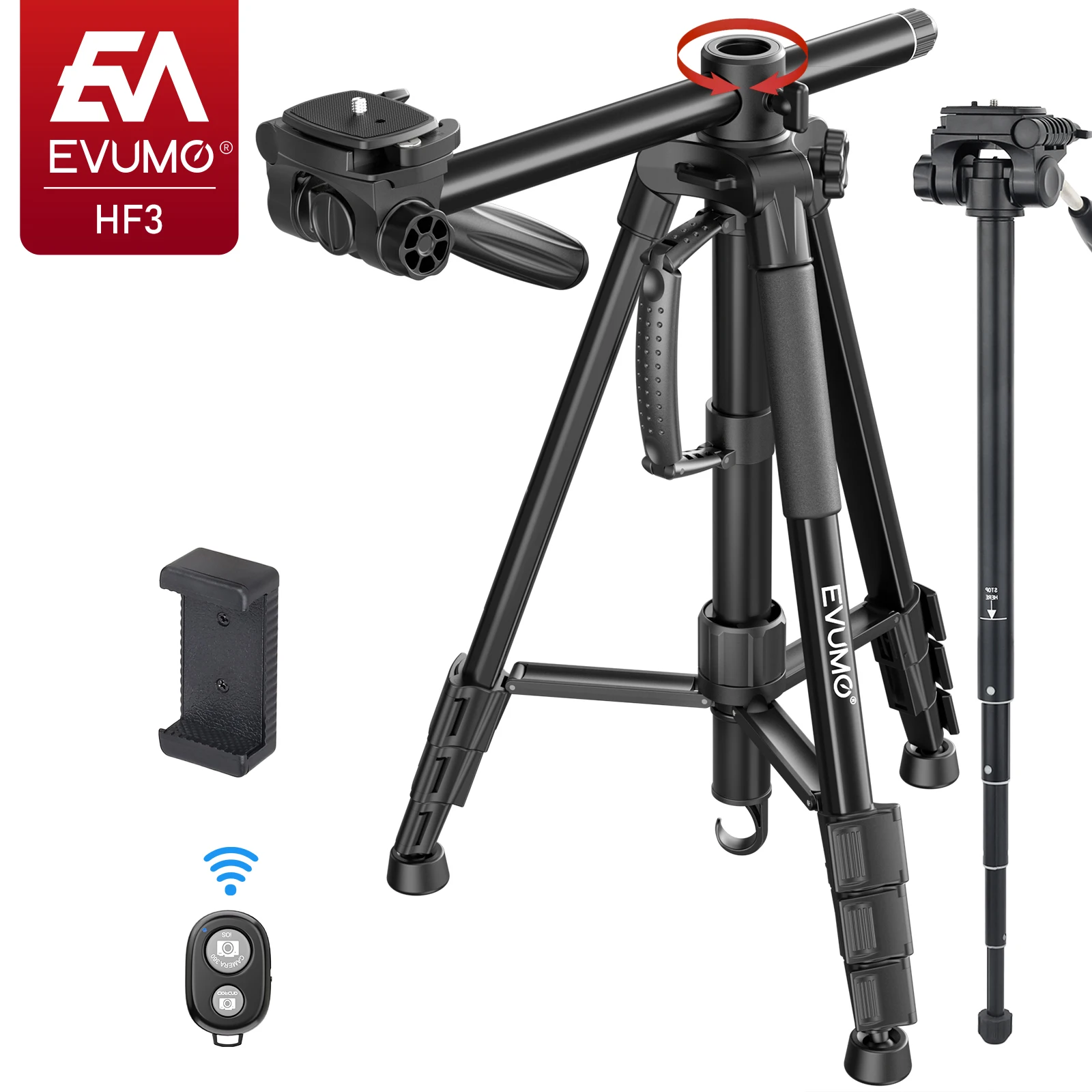 Evumo HF3 Professional Horizontal Tripod Light Travelling Tripod Monopod 360°Rotation with Bluetooth for Dslr Canon Nikon Sony