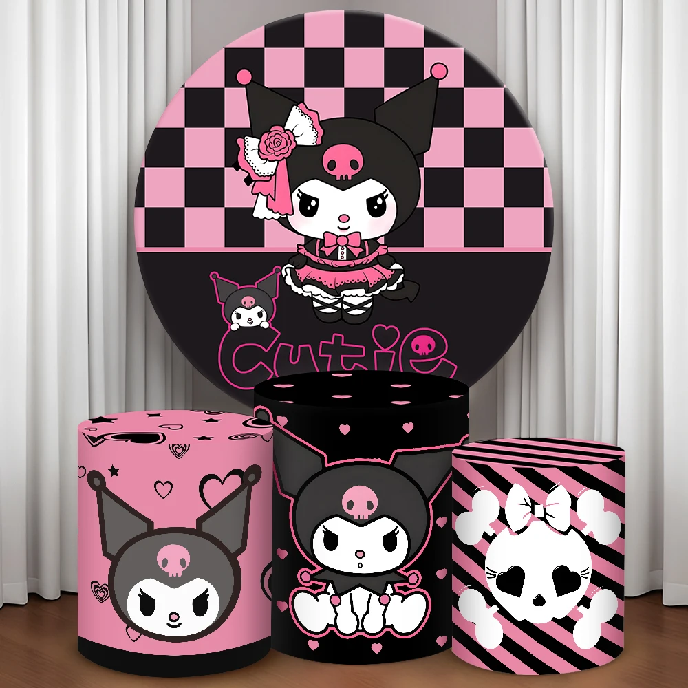 

Sanrio Kuromi Theme Round Cylinder Backdrop Cover Girls Birthday Party Cylindrical Cake Table Cover Baby Shower Party Photograph