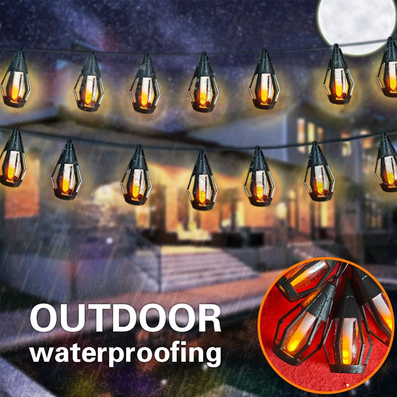 Luzes de corda Sun Flame - 15 luzes de corda solares externas LED para decoração de Halloween de jardim e pátio