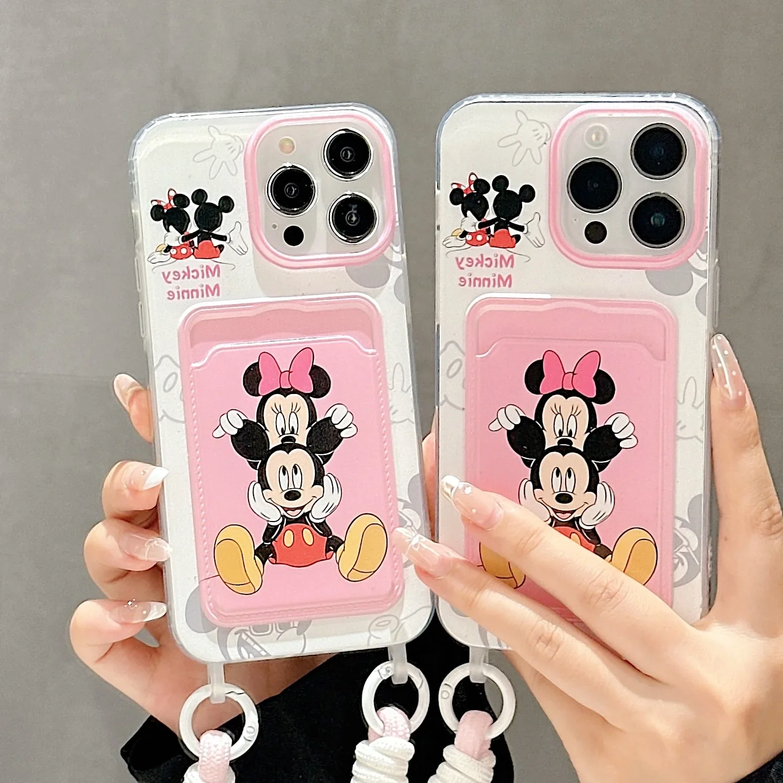 Cute Disneies Mickey Minnie With Lanyard Card Pocket Phone Case For iPhone 16 15 14 13 12 11 Pro Max Drop-resistant Back Cover