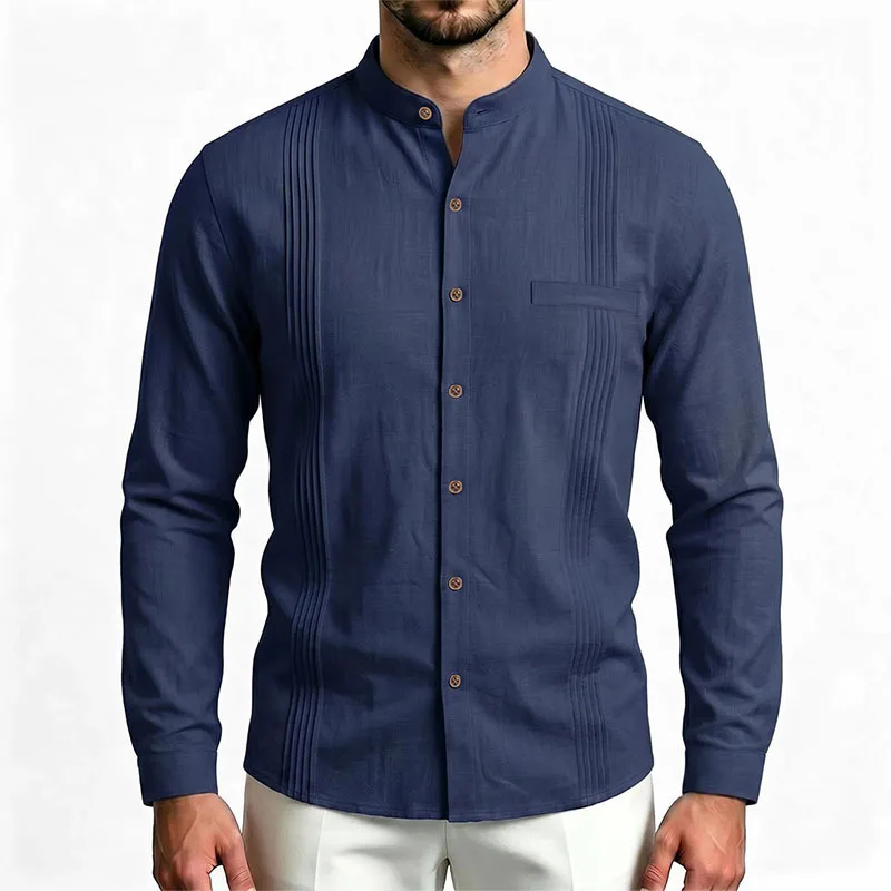 Men's Linen Long Sleeve Shirt Mandarin Collar Button Down Pleated Front Solid Color Breathable Loose Casual Shirts for Men