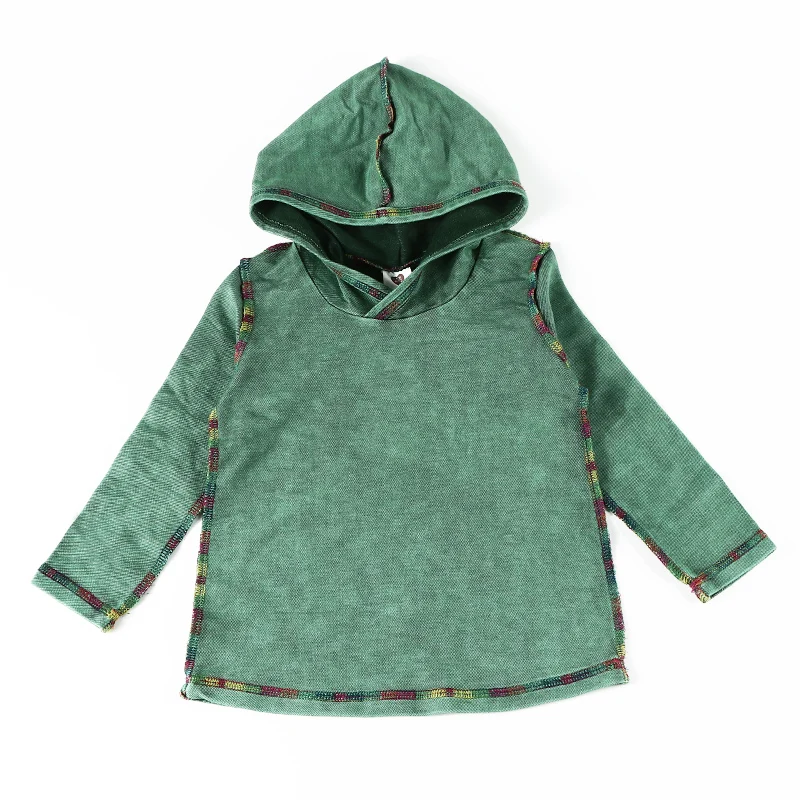 Boy and girl t-shirt green stonewash denim kids tshirt long sleeves baby clothing hooded boys shirt colorful outside stitching